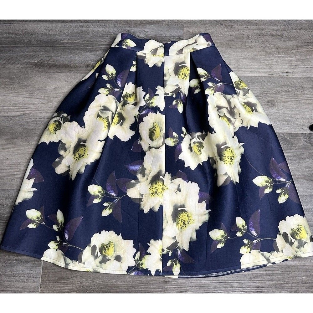 L'ATISTE by Amy Floral Pleated Midi Skirt Sz S Navy White Yellow A-Line Satin